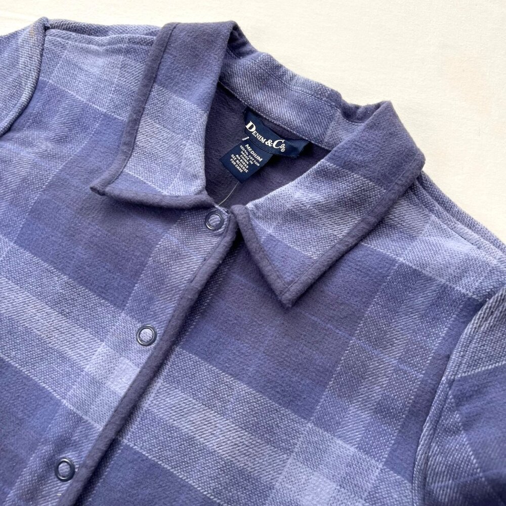 Denim & Co. Plaid Snap Jacket Medium 100% Cotton Blue & Gray Womens Flannel Coat - Picture 11 of 11